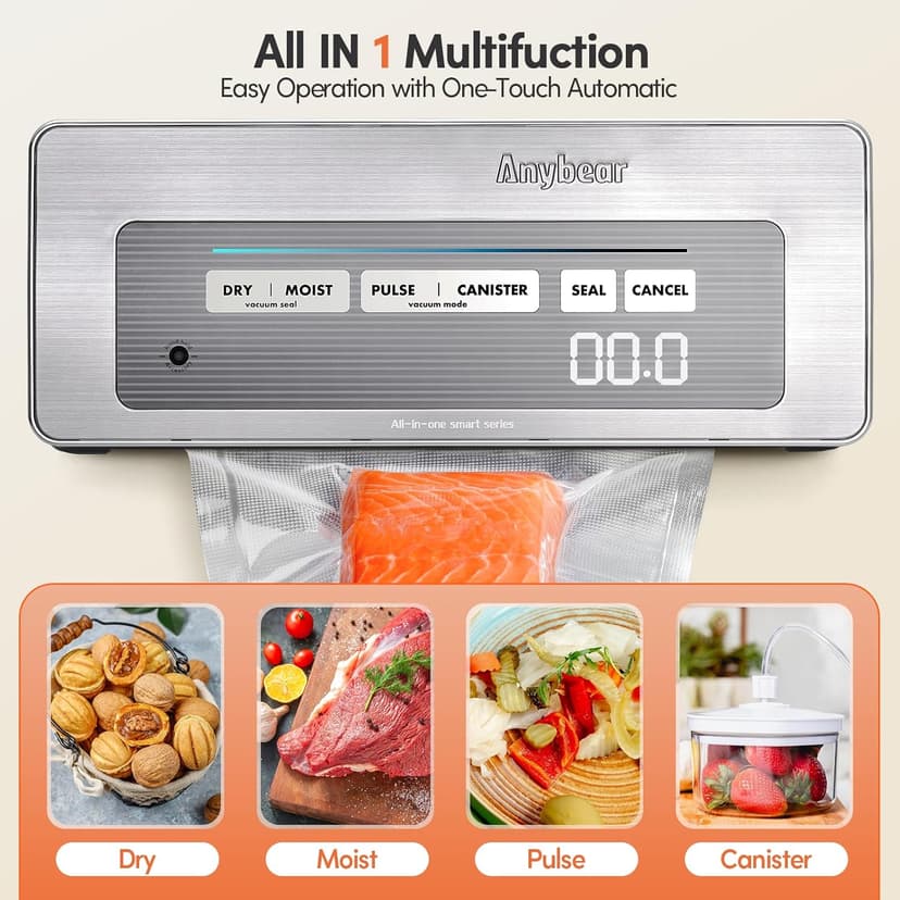Vacuum Sealer Machine, 90kPa 120W Powerful Food Sealer Build-in Cutter and Bag Storage, Digital Countdown Display, Dry&Moist Mode, Wide Seal, 2 Bag Rolls & 5 Pre-Cut Bags for Food Saver (Silver)