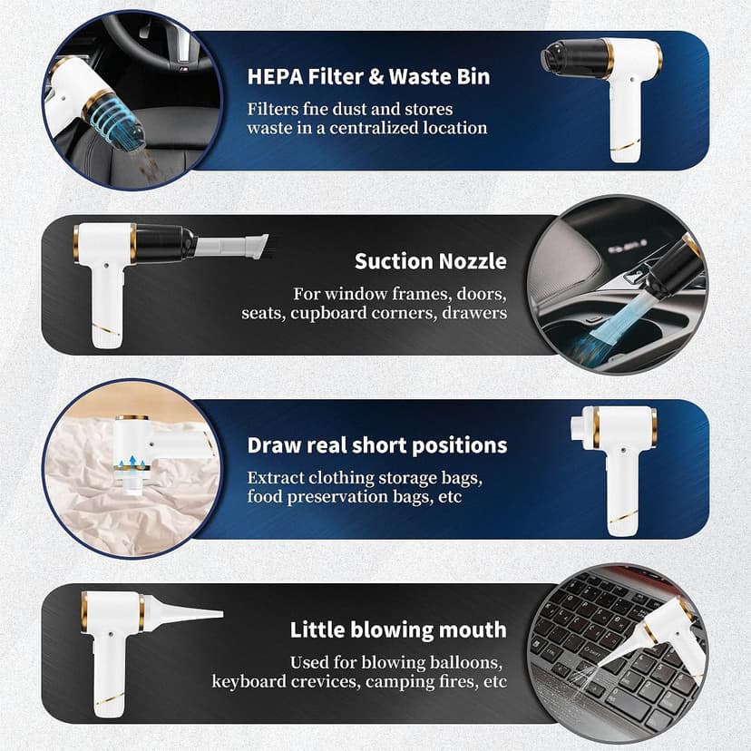 Handheld Vacuum Cleaner 15000PA Car Vacuum, 6 in 1 Portable Cordless Vacuum Cleaner Set, USB Rechargeable. White