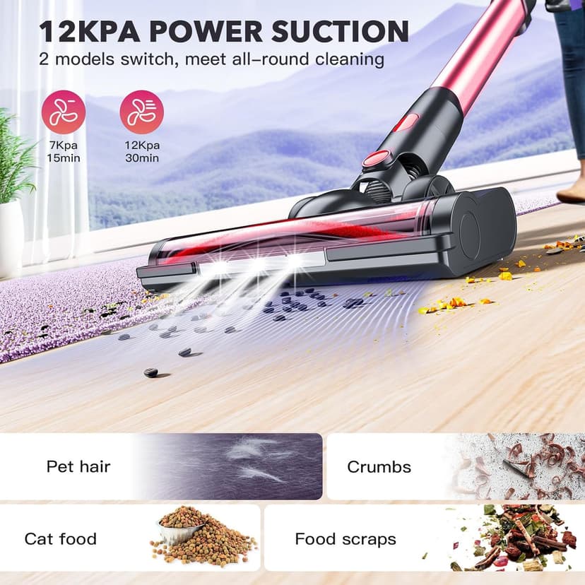 Cordless Vacuum Cleaners for Home with Powerful Suction,Stick Vacuum Cordless Rechargeable,Up to 35 Mins Runtime,Lightweight Hardwood Floor Vacuum for Pet Hair,Carpet(Red)