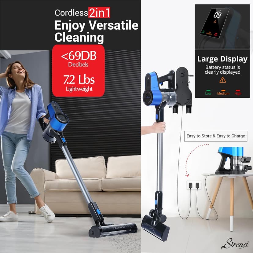 Sirena Proflex PetVac 2-in-1 Cordless Stick Vacuum Cleaner with Motorized Pet Brush for Pet Hair Removal, Multi-Surface Cleaning, and Portable Convenience