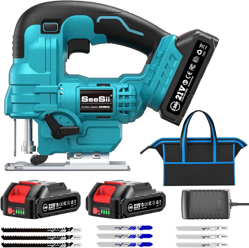 SEESII Cordless Jig Saw 21V, Electric Jigsaw Tool with 2× 2.0Ah Batteries, 2800RPM Variable Speed for Wood Cutting, 0°-45° Bevel Cuts, LED Light, 4 Orbital Settings for Straight/Curve/Circle Cutting