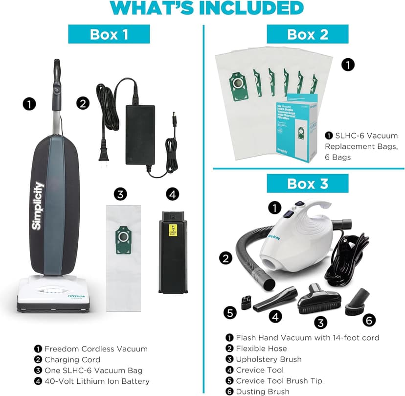 Simplicity Vacuums Ultimate Clean Bundle – Freedom Cordless Upright with HEPA Media Bag Set + Flash Mini Handheld – Lightweight Vacuum Cleaner for Carpet, Hard Floor, and Bare Floor