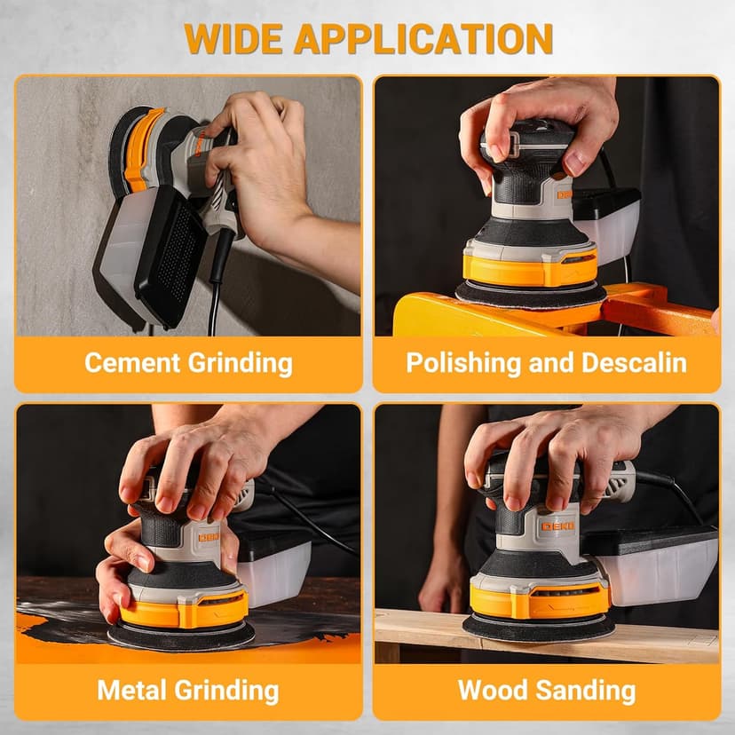 Orbital Sander Corded Hand Sander: DEKOPRO 5" Random Orbital Sander with Dust Box, 6 Various Speeds Electric Palm Sander with Dust Box, 16Pcs Sandpapers for Woodworking & Sanding-Yellow