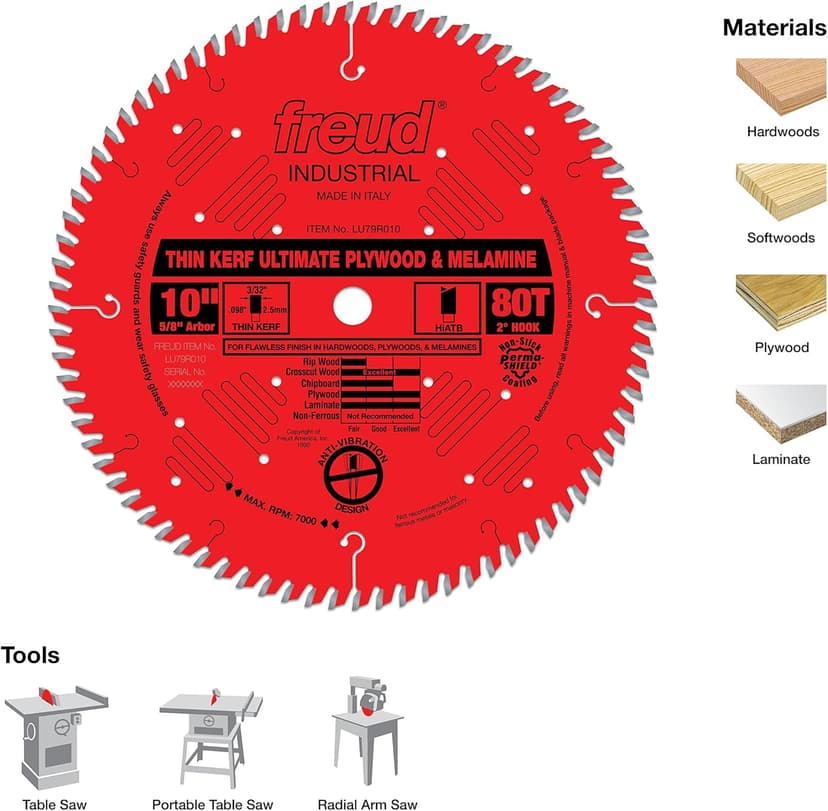 Freud Thin Kerf Ultimate Plywood & Melamine Saw Blade with Premium Tico Hi-Density Carbide Crosscutting Blend - 7-1/4" Diameter, 60 Teeth, Hi-ATB Grind - LU79R007