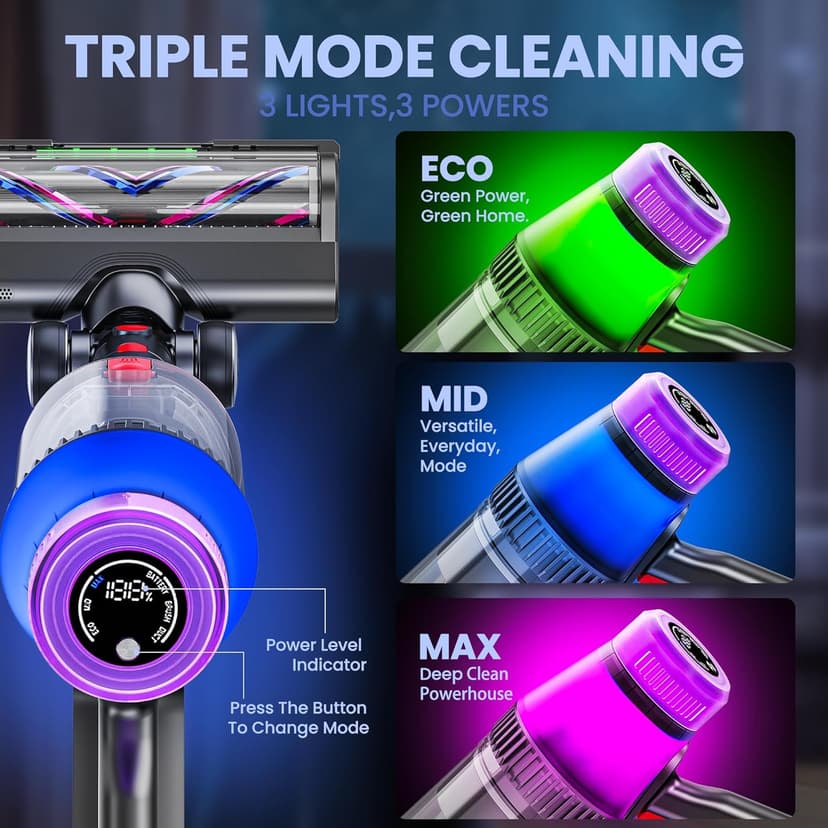 Cordless Vacuum Cleaner 500W/45Kpa, 3 Ambient Colors Power Modes with 60 Mins Max Runtime Vacuum, Powerful Suction Rechargeable Handheld Stick Vacuum for Home, Hard Floor, Carpet, Pet Hair, Shutters