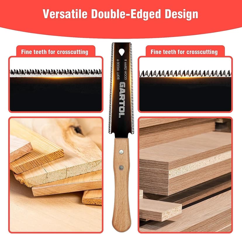 GARTOL Hand Saw for Wood Cutting, 2-Piece Japanese Pull Saw with 6-Inch Flush Cut & Double-Edged SK5 Flexible Blade & Wooden Handle, Precision Woodworking Tools for DIY, Crafting, Carpentry, Trim Work