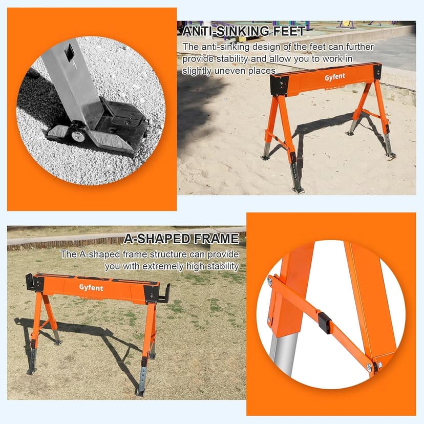 Saw Horses 2 Pack, 4400Lbs Load Capacity Saw Horse Folding Heavy Duty Sawhorses 21-34in Adjustable Height Professional Saw Horse with 2x4 Bracket for Woodworking Carpenters Contractors, Orange