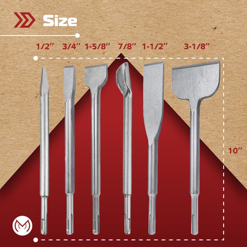 SDS Plus Chisel Set for Rotary Hammer Drills, 6 PCS SDS Chisel Set Includes Point, Flat, Scaling, Groove, Scraping, Tile, Hammer Drill Bits for Brick, Concrete, Block, Masonry
