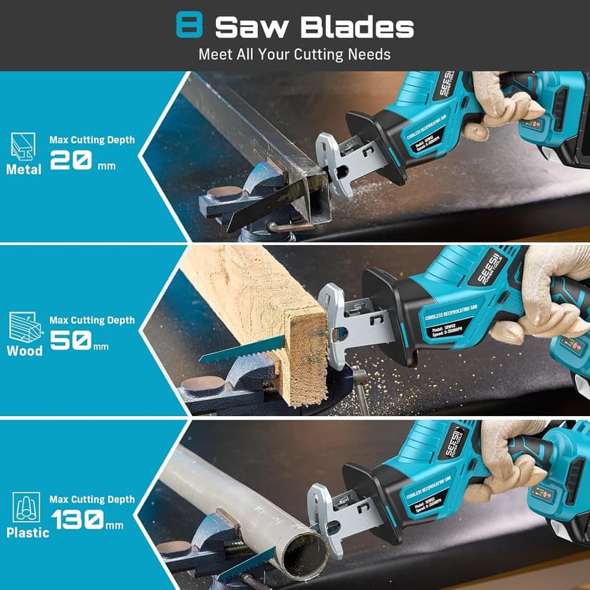 SEESII Reciprocating Saw Cordless, Variable Speed 3500 RPM Brushless Motor with 8 Saw Blades, 2 x 4.0Ah Batteries, LED Light, Tool‑Free Blade Change, Portable for Wood PVC Cutting