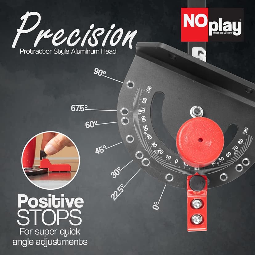 Fulton Miter Gauge 2000 SE HDF NoPlay Expandable Glides Steel Miter Bar for 3/4 x 3/8 Inches, Miter Slot UHMW Slick Base Pad, Protractor Style Head 13 Positive Stops, Aluminum Dual 45 Degree