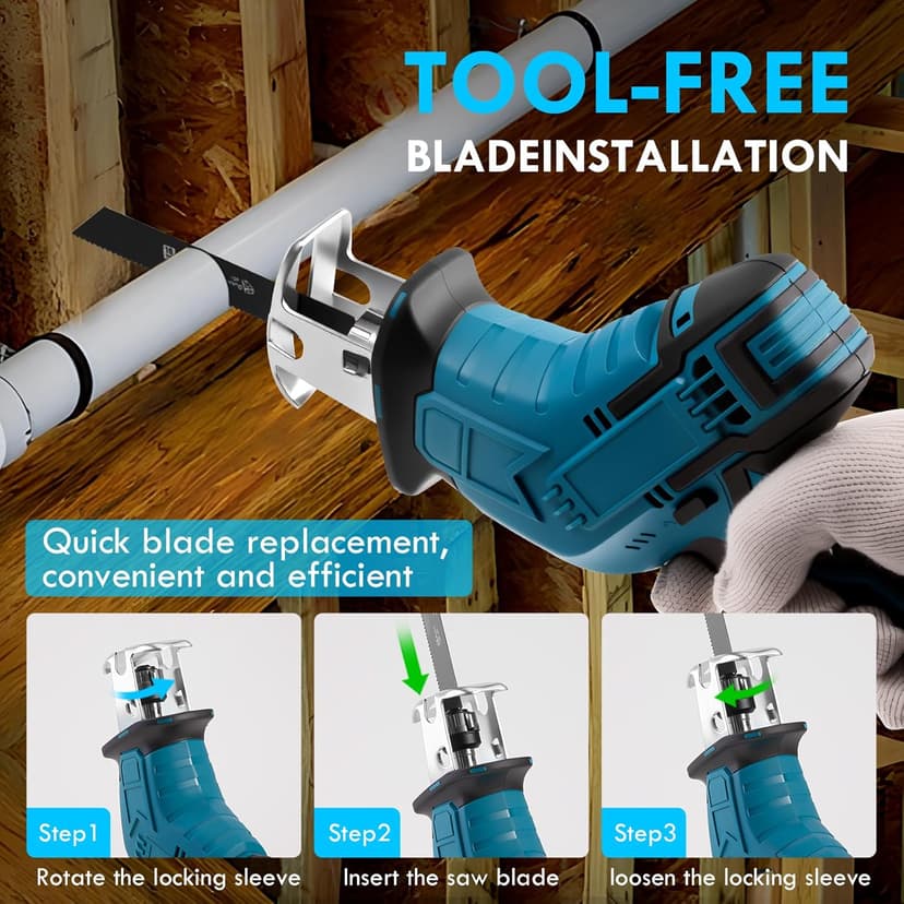 Reciprocating Saw Cordless, Variable Speed 3000 RPM Brushless Motor with 8 Saw Blades, 2 x 2.0Ah Batteries, LED Light, Tool‑Free Blade Change, Portable for Wood PVC Cutting
