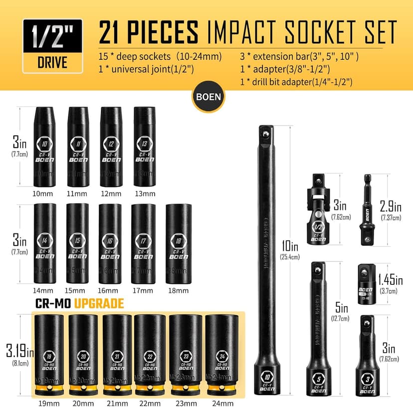 BOEN Pro 1/2" Drive Metric Deep Impact Socket Set, 21-Piece CR-MO &CR-V Steel, Upgraded Torque & Durability, 10mm-24mm, Includes Extension Bars, Universal Joint, Adapter – Meets ANSI