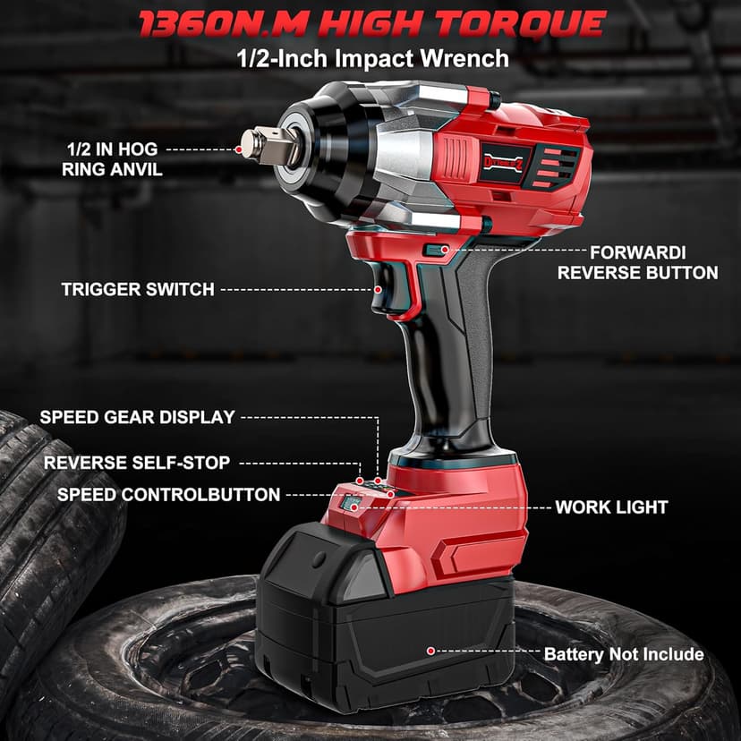 Cordless Impact Wrench 1/2" Compatible with Milwaukee 18V Battery, 1000Ft-lbs(1360N.m) High Torque Impact Driver, Electric Impact Gun with 4-Mode Speed, LED Work Light for Car(Bare Tool)