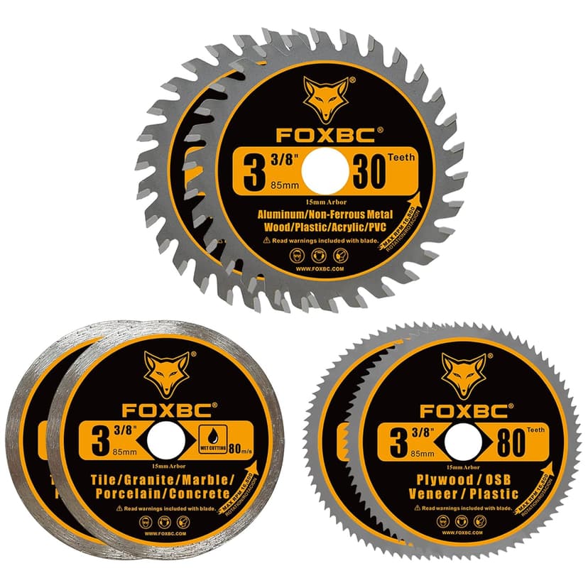 FOXBC 3-3/8 Inch Compact Circular Saw Blade Set, 15mm Arbor, Multi-Material Cut for Wood, Plastic, Metal, Tile Cutting - 6 Pack
