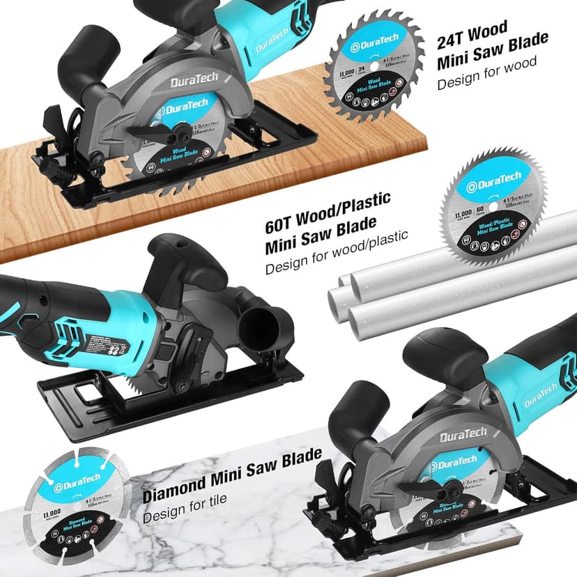 DURATECH Mini Circular Saw, 20V 4-1/2" Cordless Circular Saw with 4.0Ah Battery, Fast Charger, 3PCS Blades, 3600RPM, Max Cutting Depth 1-11/16"(90°),1-1/8"(45°), for Tiles, Wood, Soft Metal, Plastic