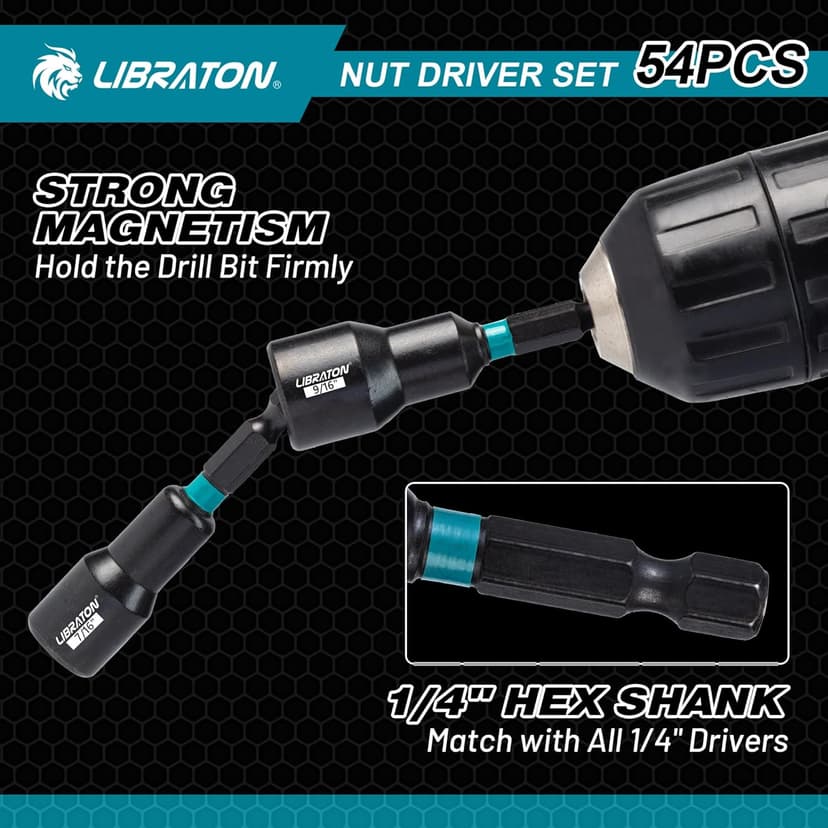 LIBRATON 54PCS Magnetic Nut Driver Set, Impact Drill Driver Bit 1/4", Metric & SAE Nut Drivers for Impact Drill, Socket Adapters, Screwdriver Bit, Quick-Release Extension, Wing Nut Driver, Storage Box