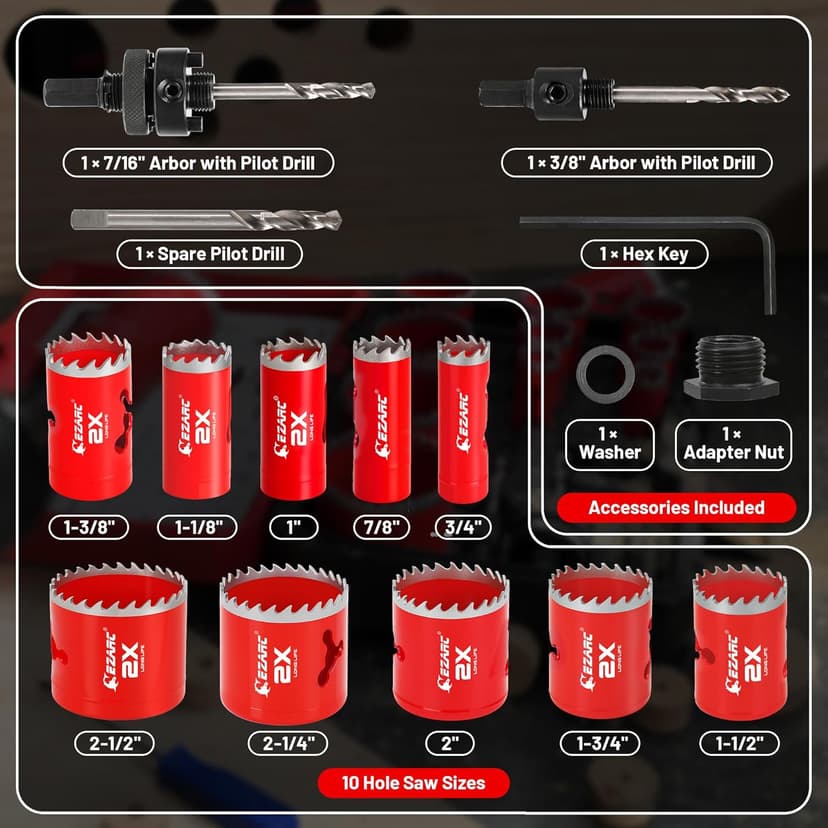 EZARC Hole Saw Kit, 16Pcs Bi-Metal Hole Saw Set with 3/4"-2-1/2"(19-64mm), Mandrels, Drill Bits, Installation Plate, Hex Key with Storage Case, Ideal for Wood, Metal, Plywood, PVC Board