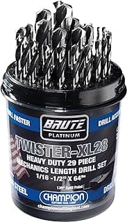 Champion Cutting Tool Brute Platinum 29 Piece 1/16-1/2" x 64ths HSS Mechanics Length Twister-XL28 Drill Bit Set-135 Degree Split Point, Water Resistant Index-MADE IN USA