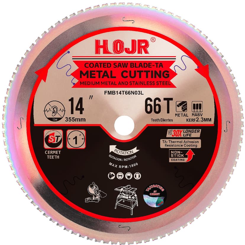 Metal Cutting Circular Saw Blade, Steel and Stainless Steel Cutting, The Cutting Head uses a Special Anti-Heat Sticking Coating with high Finish and Long Life,FMB 14 inch 66-Tooth 1" -TA