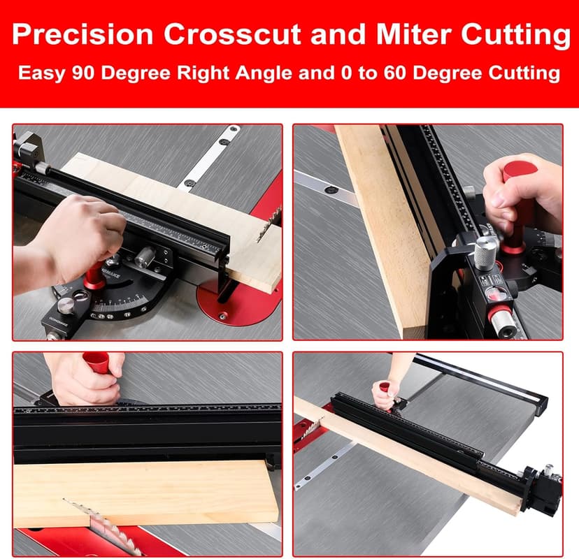Table Saw Miter Gauge with Micro Adjustable Flip Stop and Extendable Fence and Quick Angle Stop for Table Saw Band Saw Router Table Fit 3/8 x 3/4" T Slot for Woodworking Crosscut, Miter Cut