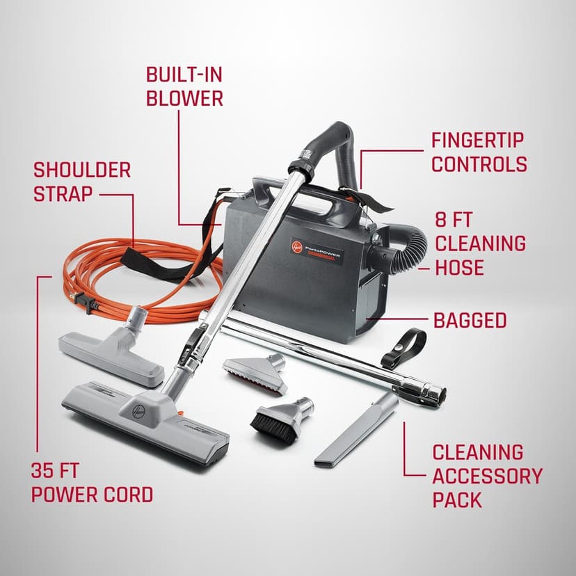 Hoover Commercial PORTAPOWER Lightweight Canister Vacuum Cleaner with Attachments, Portable Carriable Handheld Small Professional Grade Bagged, 8 Pounds, CH30000, Black