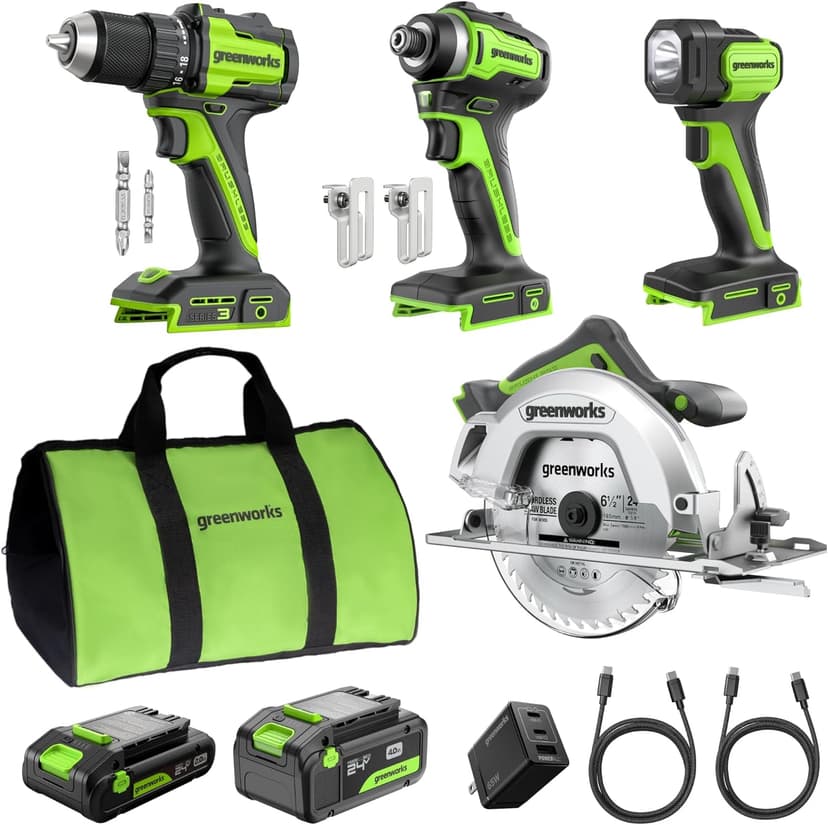 Greenworks 24V Cordless Brushless 4PCs Combo, 400 in-lbs Drill/Driver+1950 in-lbs Impact Driver +6.5" Circular Saw +200LM Flashlight, 2.0Ah+4.0Ah Batteries (24,000mAh Power Bank) 65W USB-C Charger