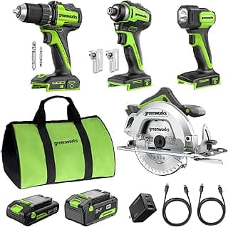 Greenworks 24V Cordless Brushless 4PCs Combo, 400 in-lbs Drill/Driver+1950 in-lbs Impact Driver +6.5" Circular Saw +200LM Flashlight, 2.0Ah+4.0Ah Batteries (24,000mAh Power Bank) 65W USB-C Charger