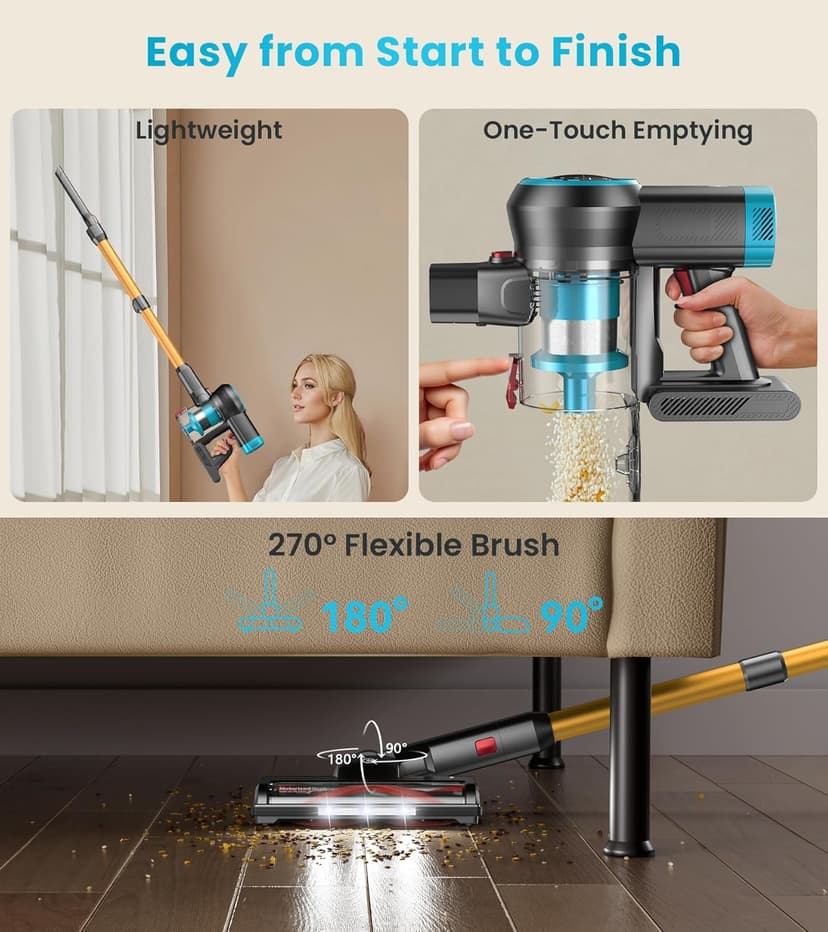 Cordless Vacuum Cleaner, 550W/45Kpa Vacuum Cleaners for Home with Self-Standing, MAX 60Mins Vacuum with LED Display, Anti-Tangled Vacuum Cleaner, Stick Vacuum for Carpet/Pet Hair