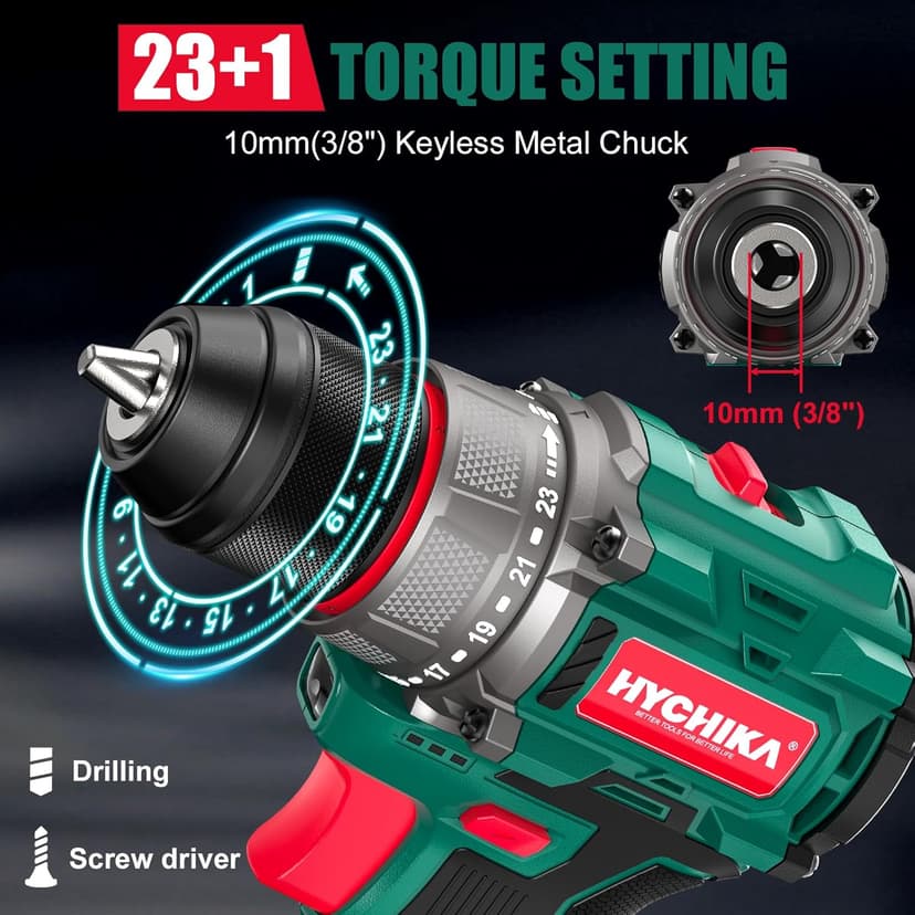 HYCHIKA Drill Set, True Brushless Power Drill Driver 16.8V Cordless Compact Drill Woman Man,410 IN-LB, LED Light,2 Variable Speed 23+1 Torque 3/8" Keyless Chuck, 1 Lithium-Ion Battery