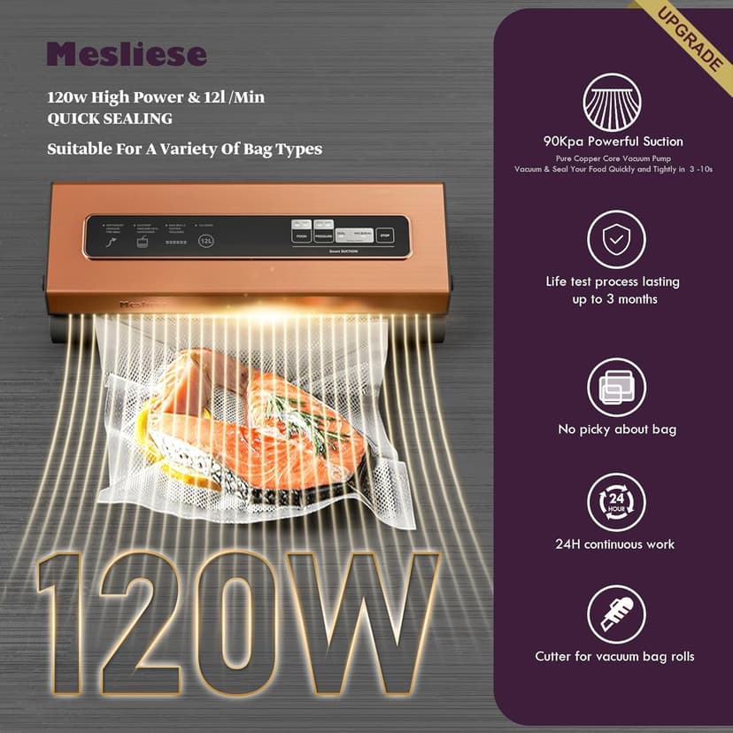 Vacuum Sealer Machine Powerful 90Kpa Precision 6-in-1 Compact Vacuum Food Preservation System Built-in Cutter, 2 Bag Rolls & 5 Pre-cut Bags, Dry&Moist Modes Smart Suction, ETL Listed (Copper)