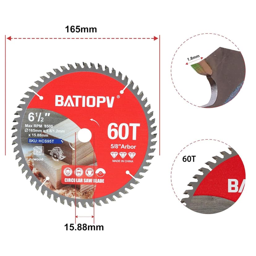Circular Saw Blades 6-1/2 Inch 3-Pack, 60T for Wood Cutting – Ideal for Hardwood, Plywood, Chipboard – Precision Carbide-Tipped Saw Blades for Smooth Finish