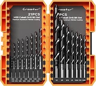 Crosstar M35 Cobalt Drill Bit Set - 21pcs 1/16"-1/2" Titanium Coated Self-Centering Metal Drill Bits for Hardened Steel, Stainless Steel, Cast Iron | Bullet Point Tip, High-Speed Jobber Bits
