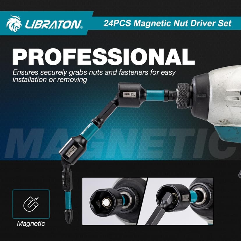 LIBRATON 24PCS Magnetic Nut Driver Set, Impact Drill Driver Bit Set 1/4", Metric and SAE Nut Drivers for Impact Drill, Impact Socket Adapters, Screwdriver Bits, Bit Holder, with Black Phosphating