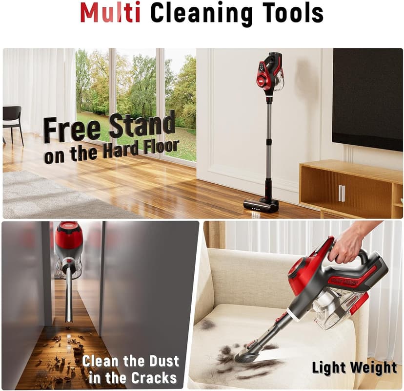 Cordless Vacuum Cleaner, 30Kpa Home Stick Vacuum, Smart Display & 1.5L Dust Cup, 55mins Max Runtime, Rechargeable Lightweight Handheld Vavuum for Pet Hair/Carpet/Hardwood Floor/Car (Metallic Red)