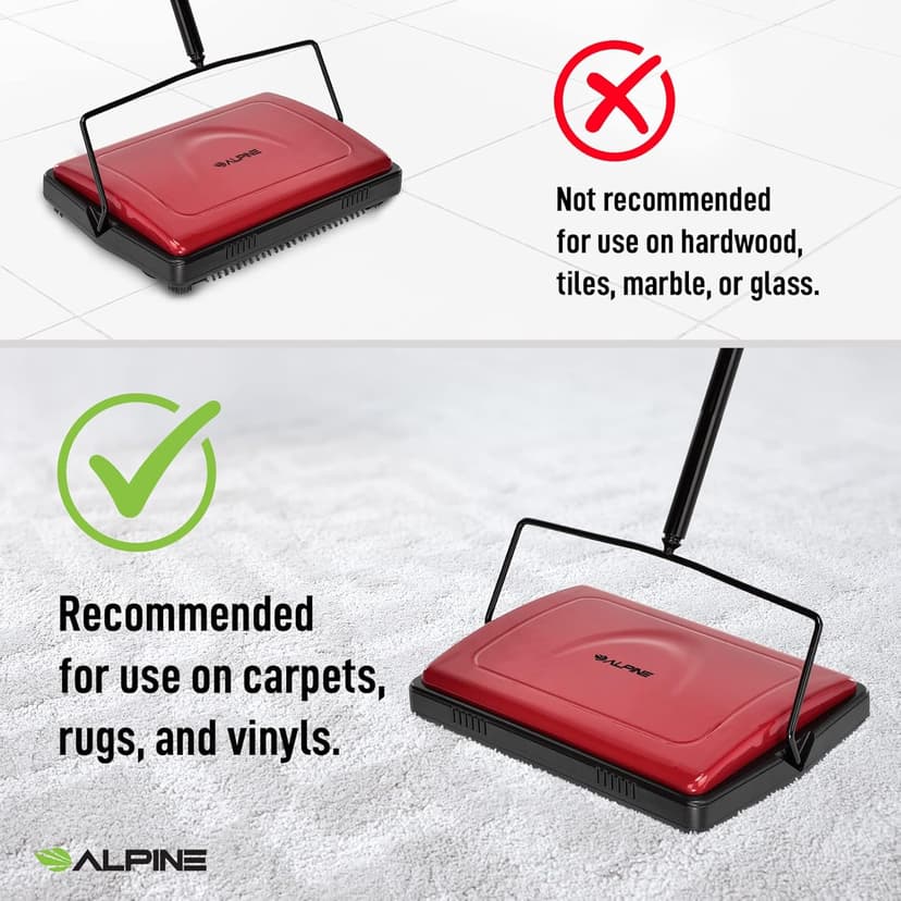 Alpine Manual Carpet Sweeper Triple Brush – Non Electric Multi-Surface Floor Cleaner Easy Sweeping for Carpeted Floors (Red -Updated)