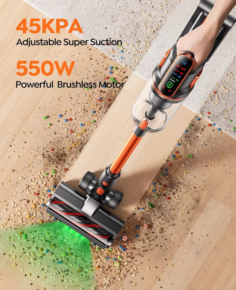 Cordless Vacuum Cleaner, 550W/45KPa/60Min Runtime Stick Vacuum with 3.3Ft Hose, Wall Mount Charging, Auto Mode, Touchscreen, Self-Standing Vacuum Cleaner for Home/Pet Hair/Carpet/Car, Fragrance