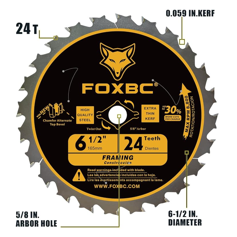 FOXBC 6-1/2 inch Circular Saw Blade 24T 60T Combo Pack, Wood Cutting, Thin-Kerf with 5/8" Arbor