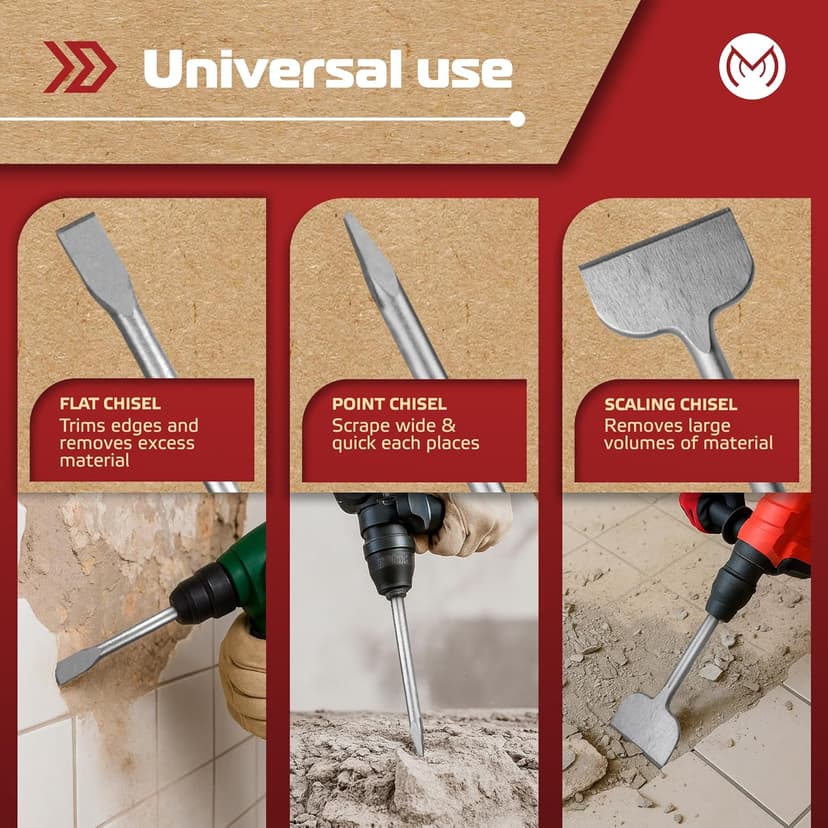 SDS Plus Chisel Set for Rotary Hammer Drills, 6 PCS SDS Chisel Set Includes Point, Flat, Scaling, Groove, Scraping, Tile, Hammer Drill Bits for Brick, Concrete, Block, Masonry