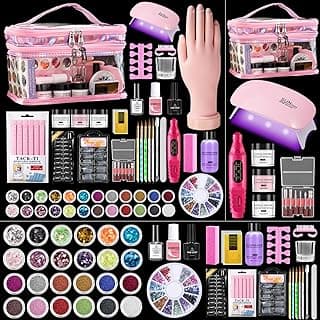 Acrylic Nail Kit with Everything: Beginners Practice Hand Acrylic Nail Powder Liquid Set with U V Lamp Drill in Gift Bag for Home Salon(Pink Bag)