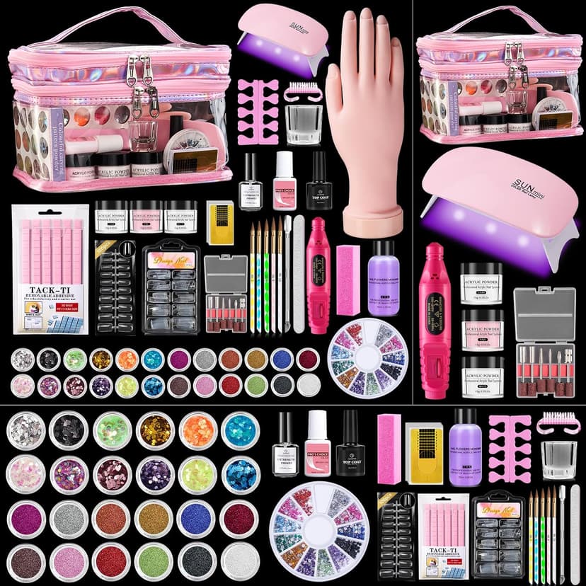 Acrylic Nail Kit with Everything: Beginners Practice Hand Acrylic Nail Powder Liquid Set with U V Lamp Drill in Gift Bag for Home Salon(Pink Bag)