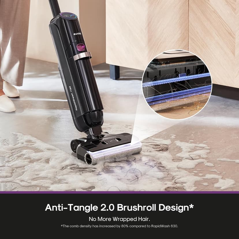 Eureka Cordless Wet Dry Vacuum Cleaner and Mop,170° Reclinable,185°F Hot Air Self-Cleaning Vacuum,Long Run Time,Great for Hard Floors Pet Hair Sticky Messes，RapidWash 730, Purple