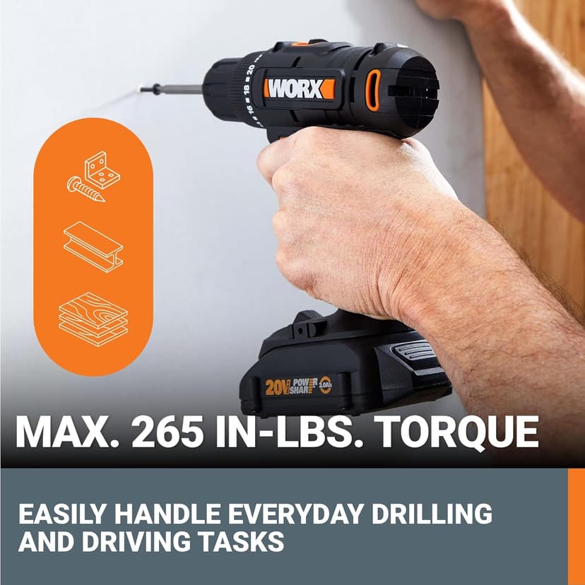 Worx 20V Cordless Drill Driver, 84pc Accessory Kit, Variable 2-Speed, 265 In-Lbs Torque, 20+1 Clutch, Lightweight, Compact, 3/8-Inch Keyless Chuck - Battery & Charger Included