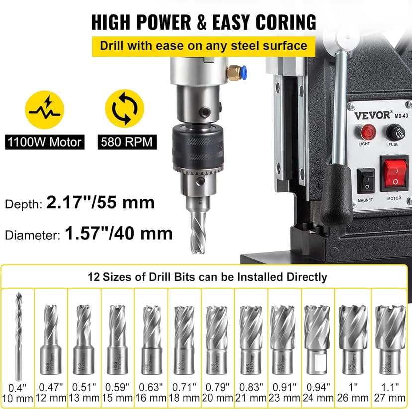 VEVOR Magnetic Drill, 1100W 1.57" Boring Diameter, 2697lbf/12000N Portable Electric Mag Drill Press with 12 Drilling Bits, 580 RPM Max Speed Drilling Machine for any Surface and Home Improvement