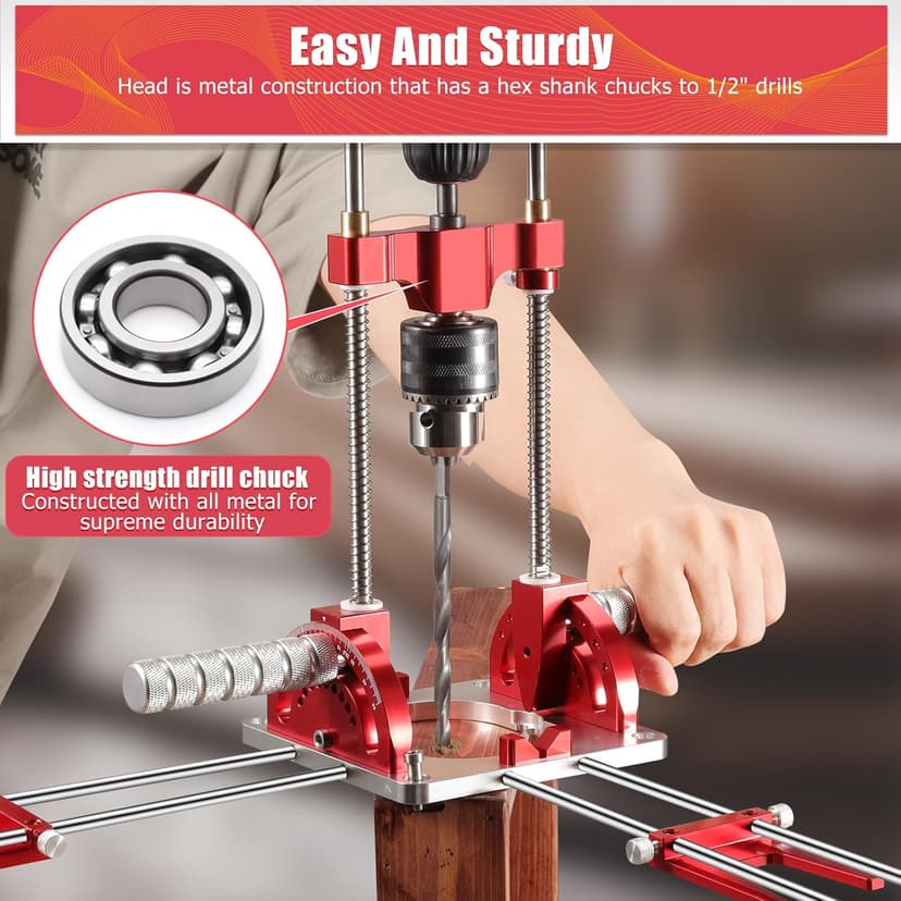 Portable Drill Guide, Multi Angle Drill Guide for Straight Holes,Adjustable Angle 0° to 60°, Heavy-Duty Self-Centering Base,Precision Drilling Jig with Chuck & Key,Chuck Clamping Range for 1/16-1/2"