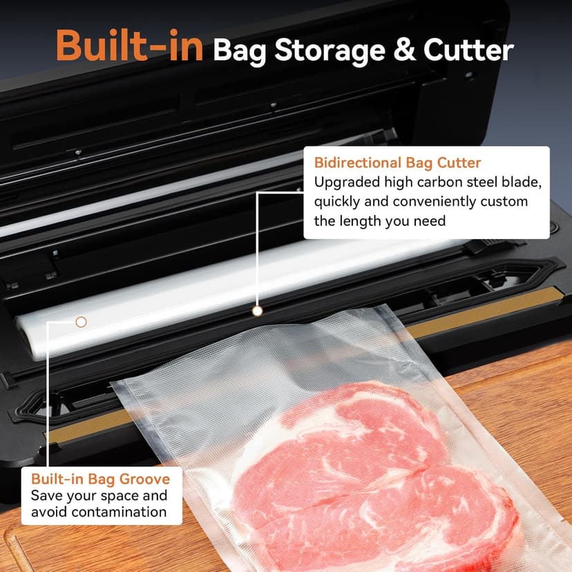 Vacuum Sealer Machine, Food Sealer Machine 80KPA Automatic 8-IN-1 for Food Saving Dry/Moist Mode with Build-in Cutter&Storage, Digital Countdown, Air Suction Hose, 2 Roll-Bags, 11 Vacuum Bags