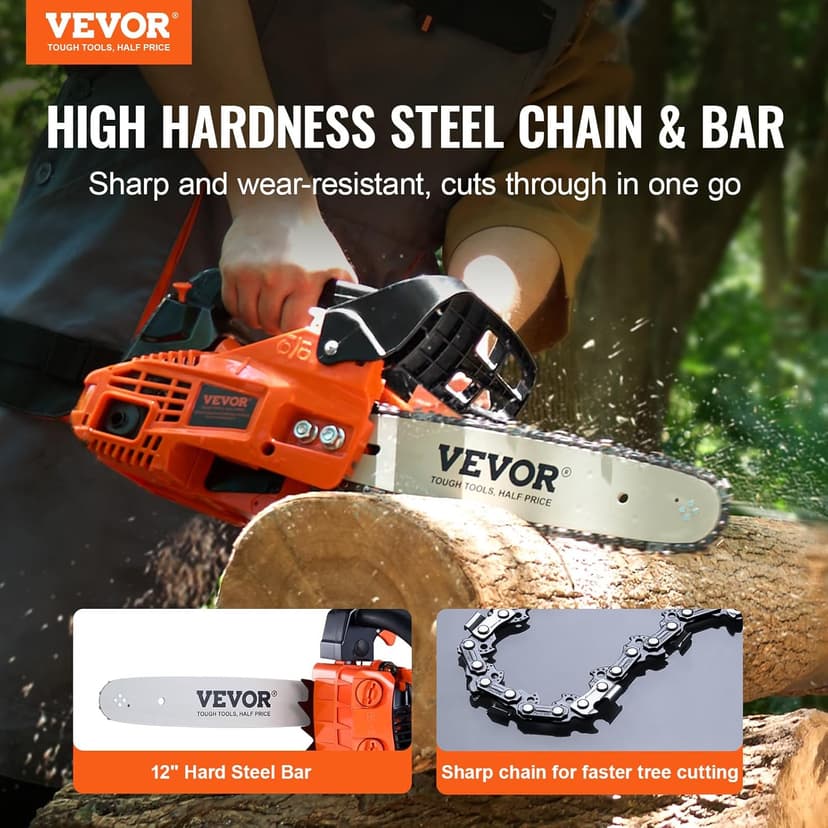 VEVOR 25.4 CC 2-Cycle Top Handle Gas Powered Chainsaw 12 Inch Petrol Handheld Cordless Chain Saw for Tree Wood Cutting
