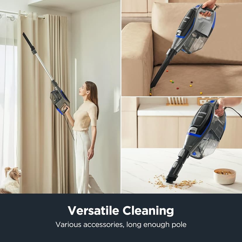 Eureka Corded Stick Vacuum Cleaner for Home Pet Hair, Lightweight Vacuum Cleaner with Powerful Suction for Carpet Tile and Hard Floor, Blue, NES520BL 2-in-1 Flash Handheld Vac