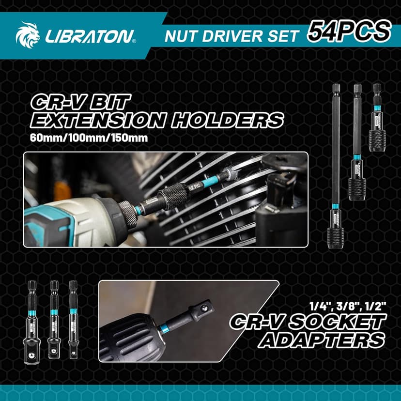 LIBRATON 54PCS Magnetic Nut Driver Set, Impact Drill Driver Bit 1/4", Metric & SAE Nut Drivers for Impact Drill, Socket Adapters, Screwdriver Bit, Quick-Release Extension, Wing Nut Driver, Storage Box