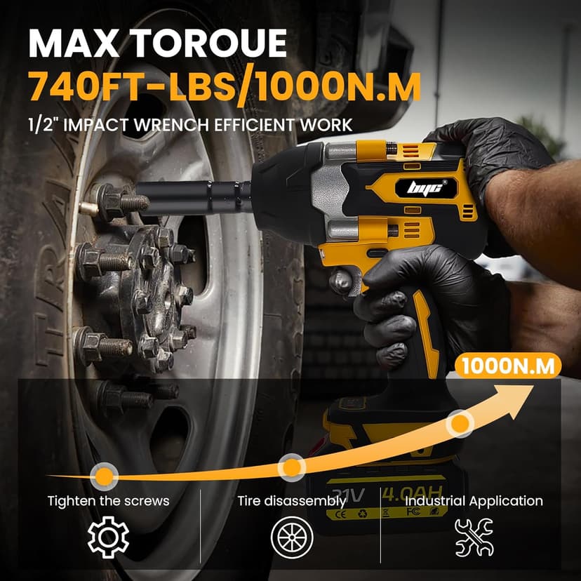 Cordless 1/2 Inch Impact Wrench,1000 N.m(740 Ft-lbs) Brushless High Torque Electric Impact Gun, 3300RPM Power Impact Driver, 2x 4.0AH Li-ion Battery,Charger & 6Pcs Sockets for Car Home DIY Furniture