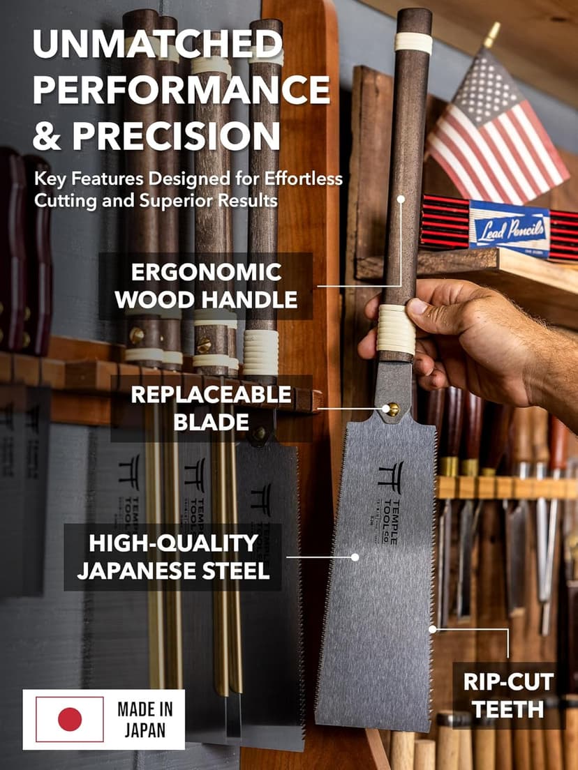 Japanese Pull Saw - 9.5 Ryoba Hand Saw with Rip-cut and Crosscut - Wood Saw for Dovetails, Tenons, Joinery, Cutting Boards to Length & Width- Temple Tool Co.